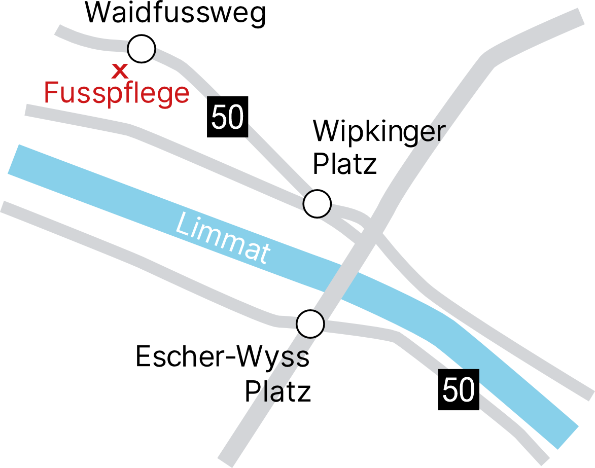 Lageplan der Fusspflege Praxis in Zürich Wipkingen nahe Waidfussweg und Limmat