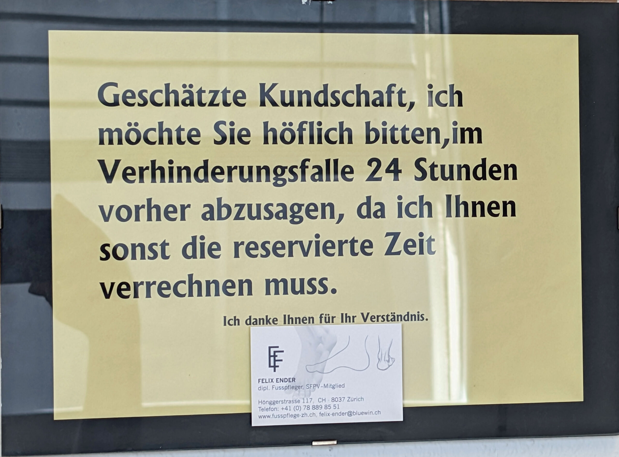 Hinweis zur Terminabsage in der Fusspflege Praxis in Zürich Wipkingen